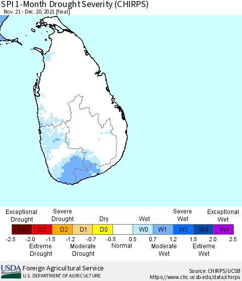Sri Lanka SPI 1-Month Drought Severity (CHIRPS) Thematic Map For 11/21/2021 - 12/20/2021
