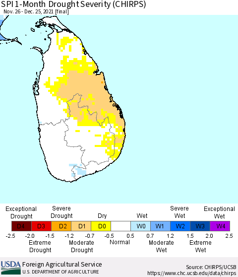 Sri Lanka SPI 1-Month Drought Severity (CHIRPS) Thematic Map For 11/26/2021 - 12/25/2021