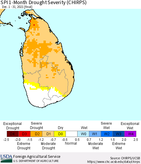 Sri Lanka SPI 1-Month Drought Severity (CHIRPS) Thematic Map For 12/1/2021 - 12/31/2021