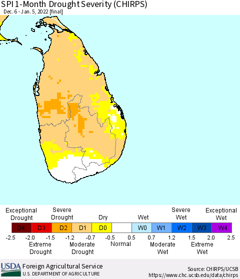 Sri Lanka SPI 1-Month Drought Severity (CHIRPS) Thematic Map For 12/6/2021 - 1/5/2022