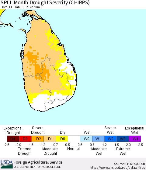 Sri Lanka SPI 1-Month Drought Severity (CHIRPS) Thematic Map For 12/11/2021 - 1/10/2022