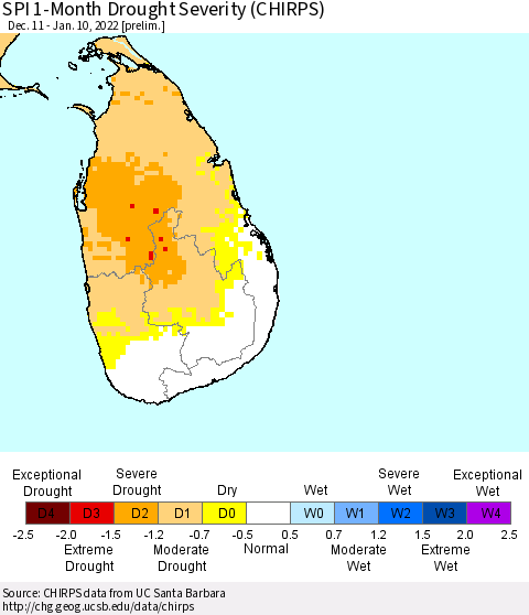 Sri Lanka SPI 1-Month Drought Severity (CHIRPS) Thematic Map For 12/11/2021 - 1/10/2022