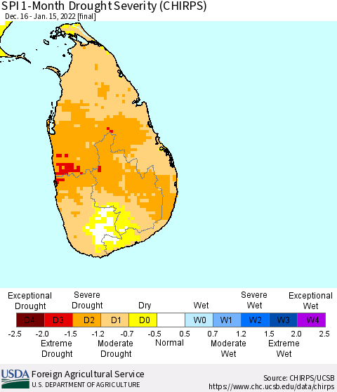 Sri Lanka SPI 1-Month Drought Severity (CHIRPS) Thematic Map For 12/16/2021 - 1/15/2022