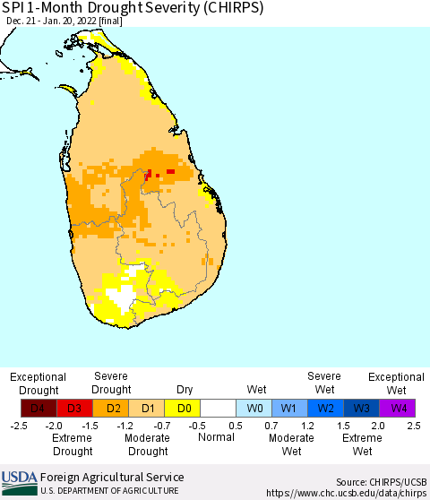 Sri Lanka SPI 1-Month Drought Severity (CHIRPS) Thematic Map For 12/21/2021 - 1/20/2022