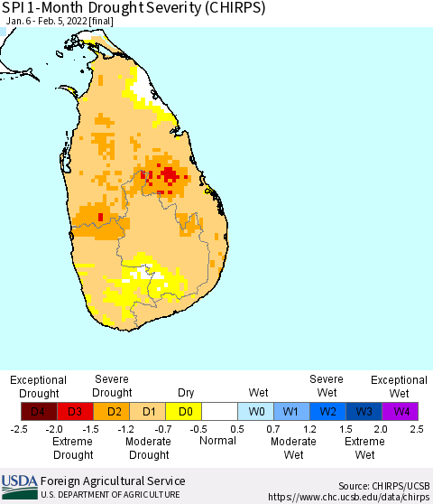 Sri Lanka SPI 1-Month Drought Severity (CHIRPS) Thematic Map For 1/6/2022 - 2/5/2022