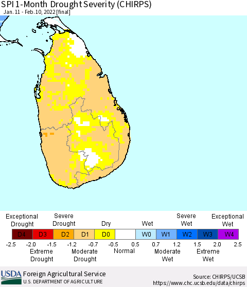 Sri Lanka SPI 1-Month Drought Severity (CHIRPS) Thematic Map For 1/11/2022 - 2/10/2022
