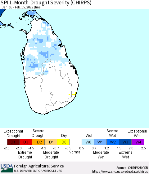 Sri Lanka SPI 1-Month Drought Severity (CHIRPS) Thematic Map For 1/16/2022 - 2/15/2022