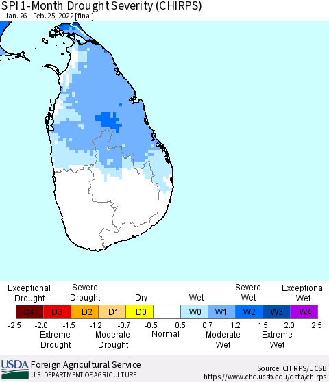 Sri Lanka SPI 1-Month Drought Severity (CHIRPS) Thematic Map For 1/26/2022 - 2/25/2022