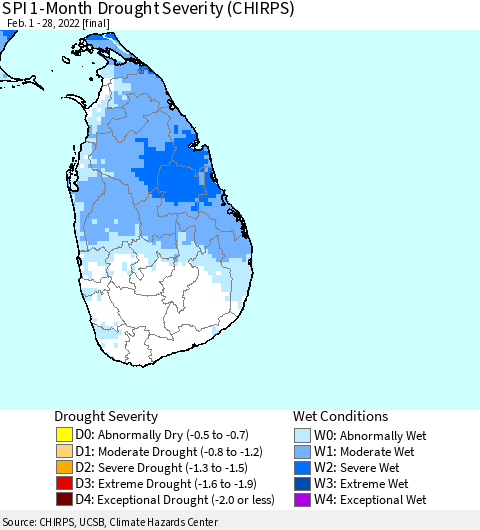 Sri Lanka SPI 1-Month Drought Severity (CHIRPS) Thematic Map For 2/1/2022 - 2/28/2022