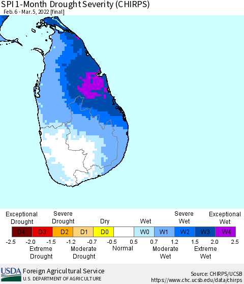 Sri Lanka SPI 1-Month Drought Severity (CHIRPS) Thematic Map For 2/6/2022 - 3/5/2022