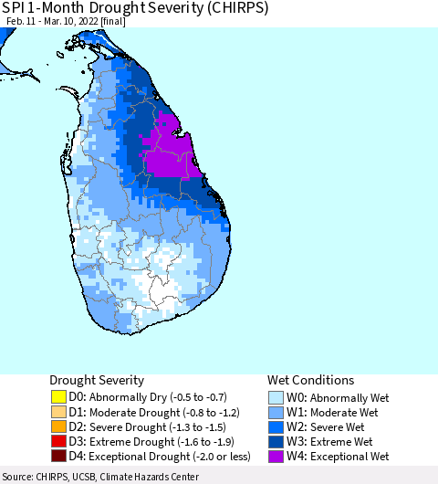 Sri Lanka SPI 1-Month Drought Severity (CHIRPS) Thematic Map For 2/11/2022 - 3/10/2022