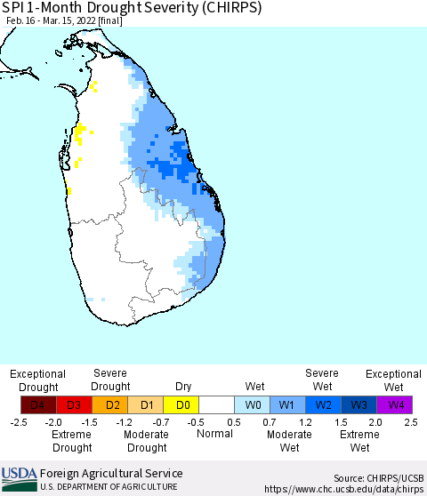 Sri Lanka SPI 1-Month Drought Severity (CHIRPS) Thematic Map For 2/16/2022 - 3/15/2022