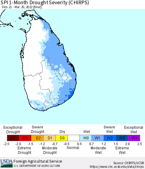 Sri Lanka SPI 1-Month Drought Severity (CHIRPS) Thematic Map For 2/21/2022 - 3/20/2022