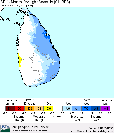 Sri Lanka SPI 1-Month Drought Severity (CHIRPS) Thematic Map For 2/26/2022 - 3/25/2022
