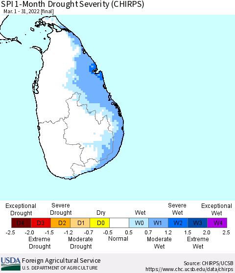 Sri Lanka SPI 1-Month Drought Severity (CHIRPS) Thematic Map For 3/1/2022 - 3/31/2022