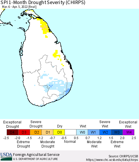 Sri Lanka SPI 1-Month Drought Severity (CHIRPS) Thematic Map For 3/6/2022 - 4/5/2022