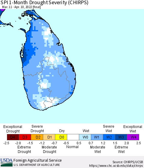 Sri Lanka SPI 1-Month Drought Severity (CHIRPS) Thematic Map For 3/11/2022 - 4/10/2022