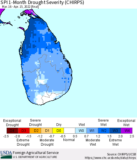 Sri Lanka SPI 1-Month Drought Severity (CHIRPS) Thematic Map For 3/16/2022 - 4/15/2022