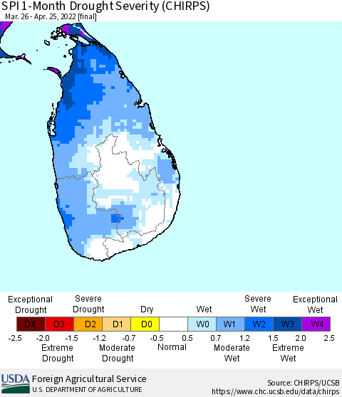 Sri Lanka SPI 1-Month Drought Severity (CHIRPS) Thematic Map For 3/26/2022 - 4/25/2022