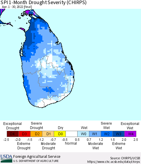 Sri Lanka SPI 1-Month Drought Severity (CHIRPS) Thematic Map For 4/1/2022 - 4/30/2022