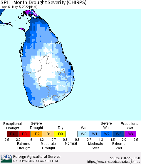 Sri Lanka SPI 1-Month Drought Severity (CHIRPS) Thematic Map For 4/6/2022 - 5/5/2022