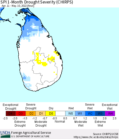 Sri Lanka SPI 1-Month Drought Severity (CHIRPS) Thematic Map For 4/11/2022 - 5/10/2022