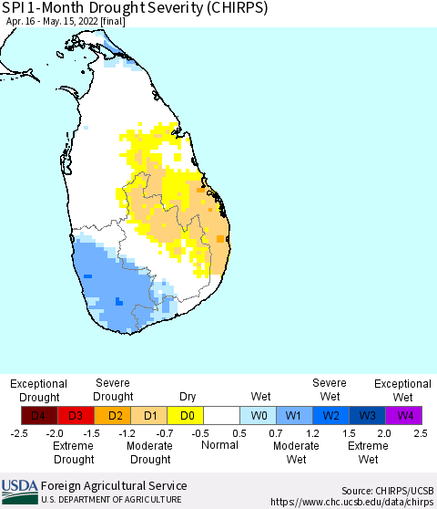 Sri Lanka SPI 1-Month Drought Severity (CHIRPS) Thematic Map For 4/16/2022 - 5/15/2022