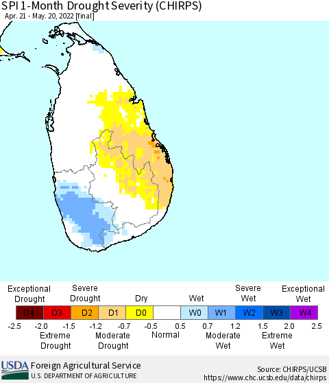 Sri Lanka SPI 1-Month Drought Severity (CHIRPS) Thematic Map For 4/21/2022 - 5/20/2022