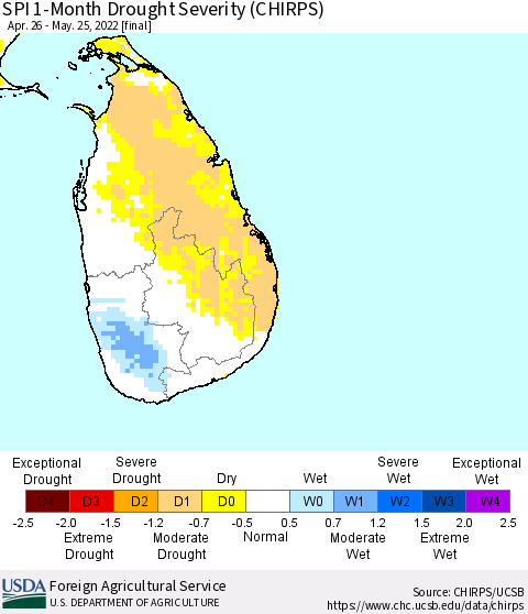 Sri Lanka SPI 1-Month Drought Severity (CHIRPS) Thematic Map For 4/26/2022 - 5/25/2022