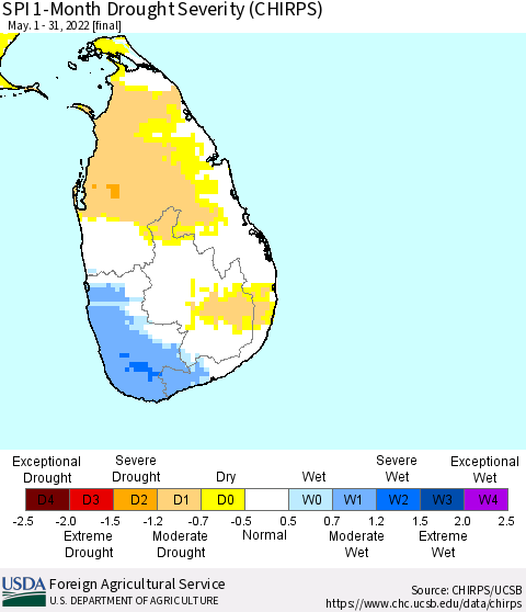 Sri Lanka SPI 1-Month Drought Severity (CHIRPS) Thematic Map For 5/1/2022 - 5/31/2022