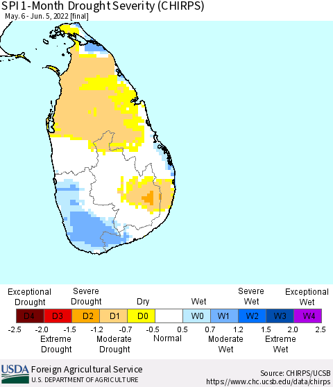 Sri Lanka SPI 1-Month Drought Severity (CHIRPS) Thematic Map For 5/6/2022 - 6/5/2022