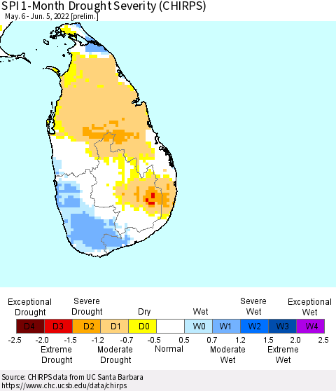 Sri Lanka SPI 1-Month Drought Severity (CHIRPS) Thematic Map For 5/6/2022 - 6/5/2022