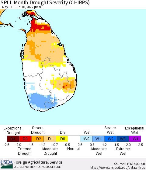 Sri Lanka SPI 1-Month Drought Severity (CHIRPS) Thematic Map For 5/11/2022 - 6/10/2022