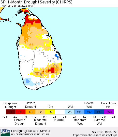 Sri Lanka SPI 1-Month Drought Severity (CHIRPS) Thematic Map For 5/16/2022 - 6/15/2022
