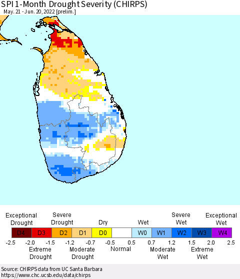 Sri Lanka SPI 1-Month Drought Severity (CHIRPS) Thematic Map For 5/21/2022 - 6/20/2022