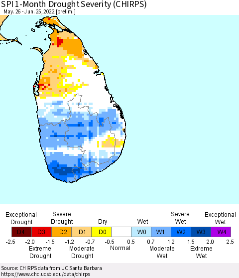 Sri Lanka SPI 1-Month Drought Severity (CHIRPS) Thematic Map For 5/26/2022 - 6/25/2022