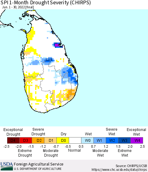 Sri Lanka SPI 1-Month Drought Severity (CHIRPS) Thematic Map For 6/1/2022 - 6/30/2022