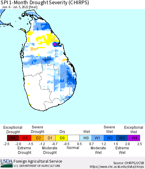 Sri Lanka SPI 1-Month Drought Severity (CHIRPS) Thematic Map For 6/6/2022 - 7/5/2022