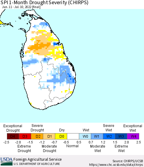 Sri Lanka SPI 1-Month Drought Severity (CHIRPS) Thematic Map For 6/11/2022 - 7/10/2022