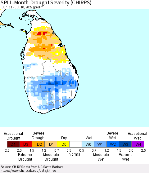 Sri Lanka SPI 1-Month Drought Severity (CHIRPS) Thematic Map For 6/11/2022 - 7/10/2022