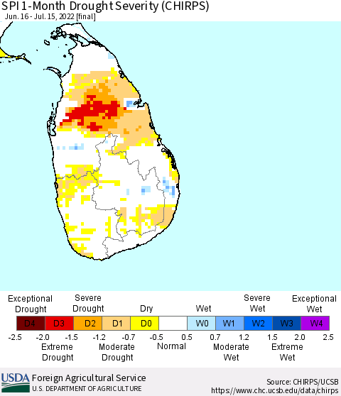 Sri Lanka SPI 1-Month Drought Severity (CHIRPS) Thematic Map For 6/16/2022 - 7/15/2022