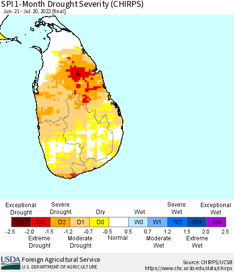 Sri Lanka SPI 1-Month Drought Severity (CHIRPS) Thematic Map For 6/21/2022 - 7/20/2022