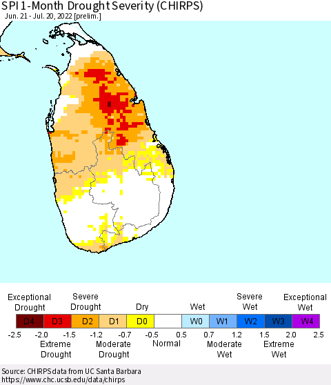 Sri Lanka SPI 1-Month Drought Severity (CHIRPS) Thematic Map For 6/21/2022 - 7/20/2022