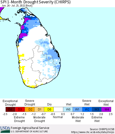 Sri Lanka SPI 1-Month Drought Severity (CHIRPS) Thematic Map For 6/26/2022 - 7/25/2022