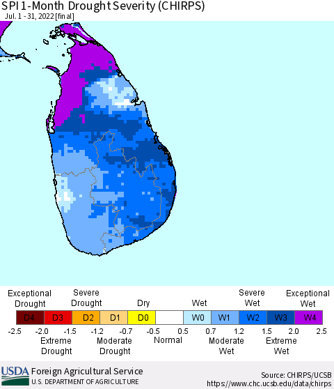 Sri Lanka SPI 1-Month Drought Severity (CHIRPS) Thematic Map For 7/1/2022 - 7/31/2022