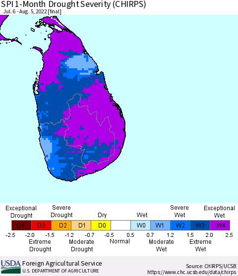 Sri Lanka SPI 1-Month Drought Severity (CHIRPS) Thematic Map For 7/6/2022 - 8/5/2022