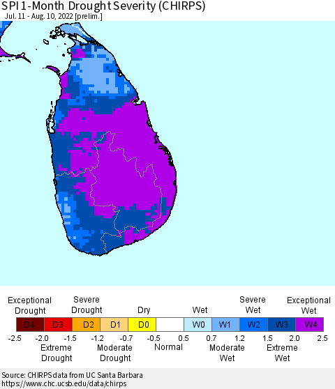 Sri Lanka SPI 1-Month Drought Severity (CHIRPS) Thematic Map For 7/11/2022 - 8/10/2022