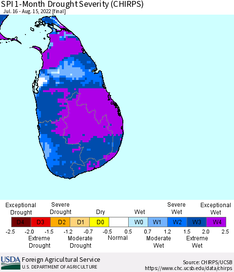 Sri Lanka SPI 1-Month Drought Severity (CHIRPS) Thematic Map For 7/16/2022 - 8/15/2022