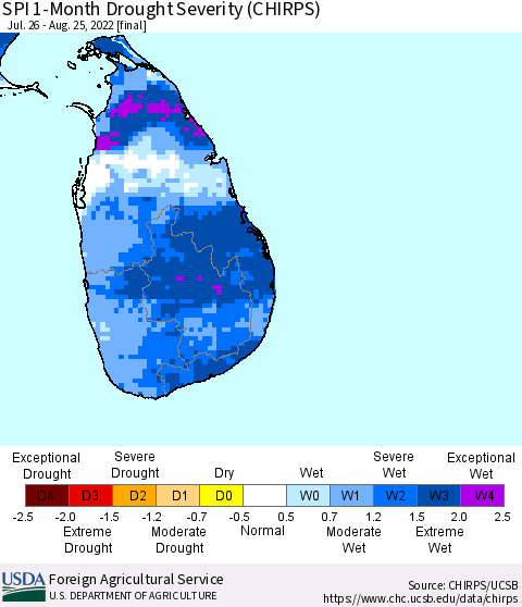 Sri Lanka SPI 1-Month Drought Severity (CHIRPS) Thematic Map For 7/26/2022 - 8/25/2022
