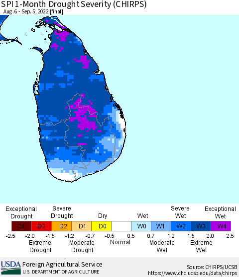 Sri Lanka SPI 1-Month Drought Severity (CHIRPS) Thematic Map For 8/6/2022 - 9/5/2022